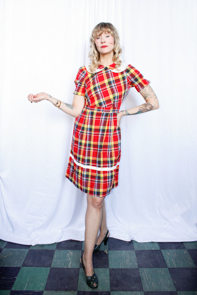 1940s Red Plaid Grammar Girl Dress - Small Petite