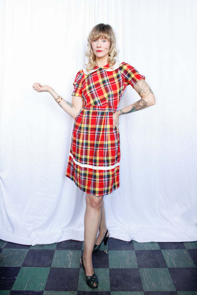 1940s Red Plaid Grammar Girl Dress - Small Petite