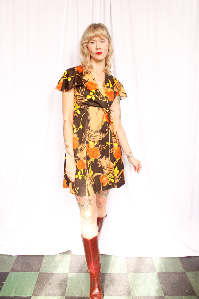 1970s Floral Flutter Sleeve Mini Dress - Medium