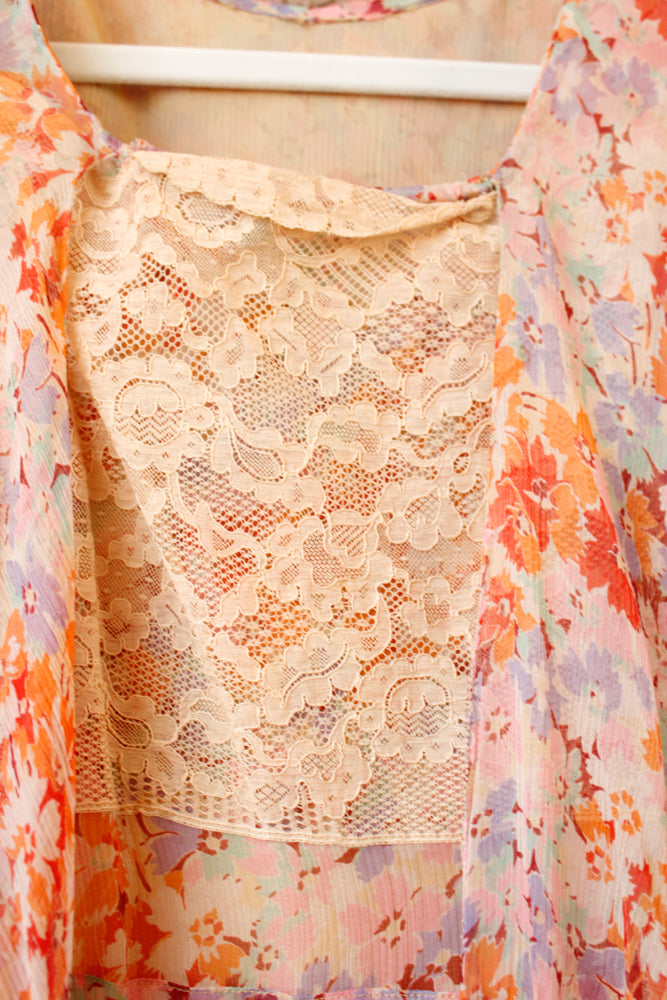 1920s Coral & Pink Silk Floral Dress - S/M