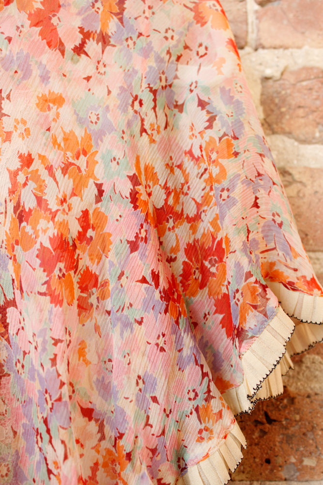 1920s Coral & Pink Silk Floral Dress - S/M