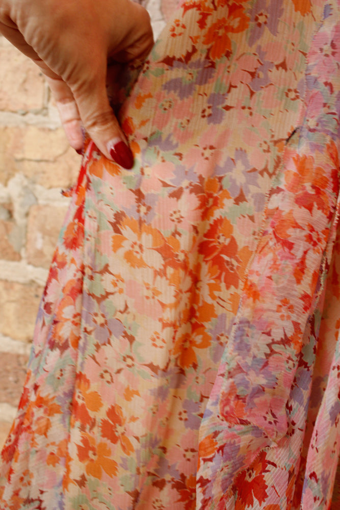1920s Coral & Pink Silk Floral Dress - S/M