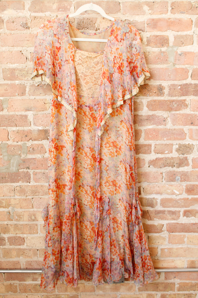1920s Coral & Pink Silk Floral Dress - S/M