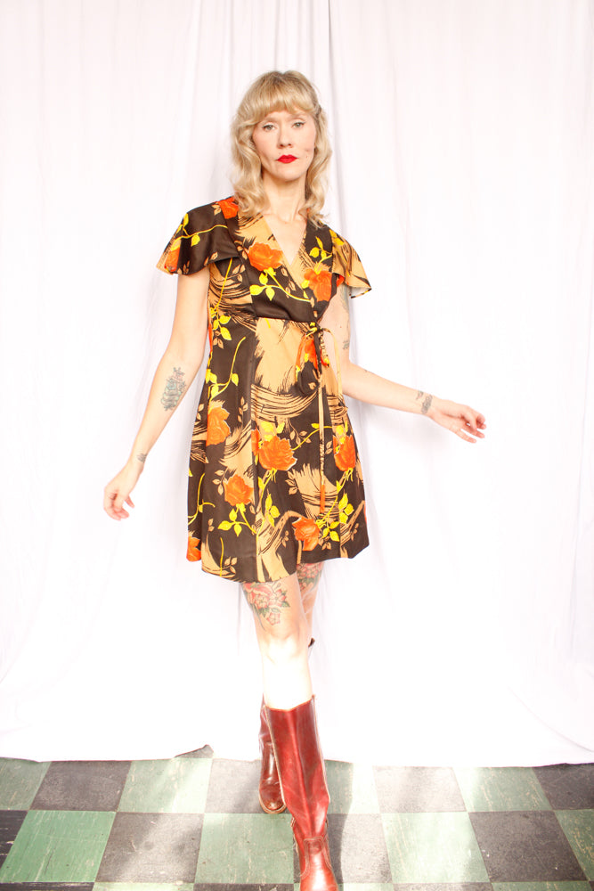 1970s Floral Flutter Sleeve Mini Dress - Medium