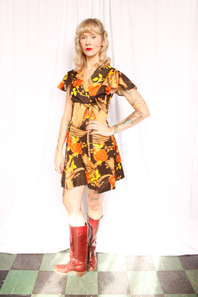 1970s Floral Flutter Sleeve Mini Dress - Medium