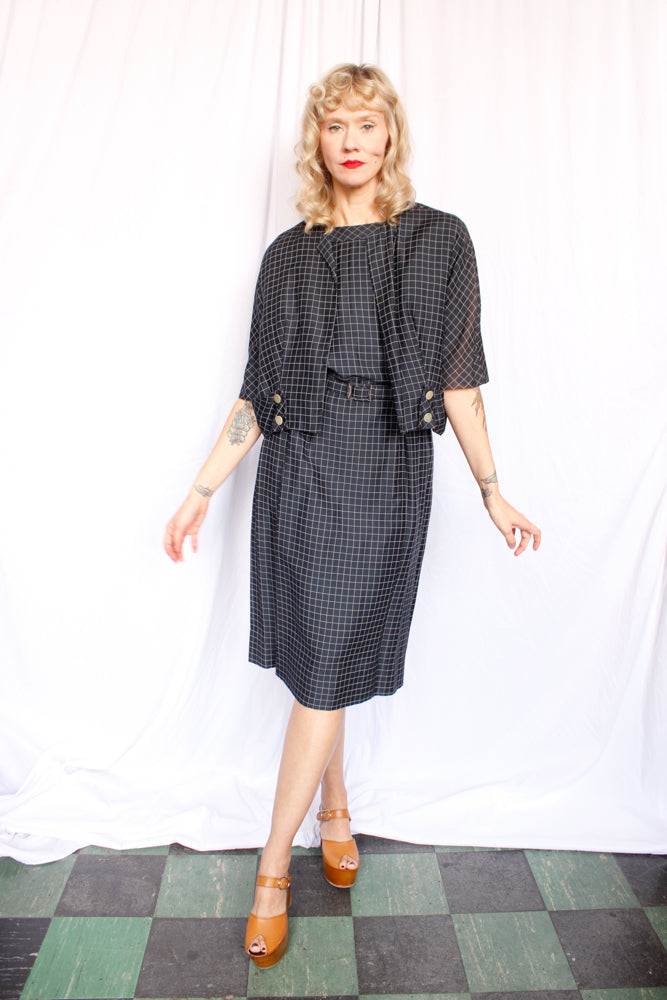 1950s Grid Print Silk Dress & Jacket by Franklin - M/L