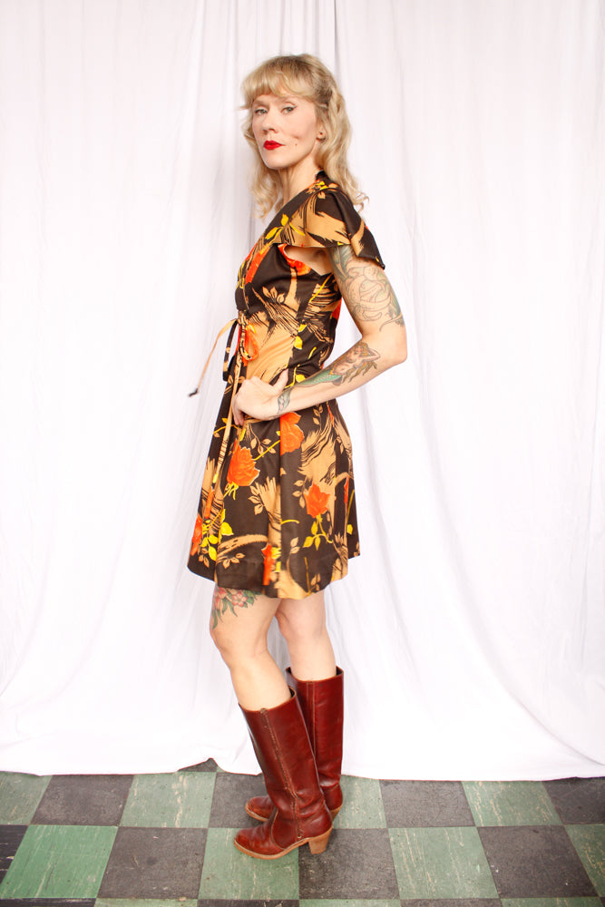 1970s Floral Flutter Sleeve Mini Dress - Medium