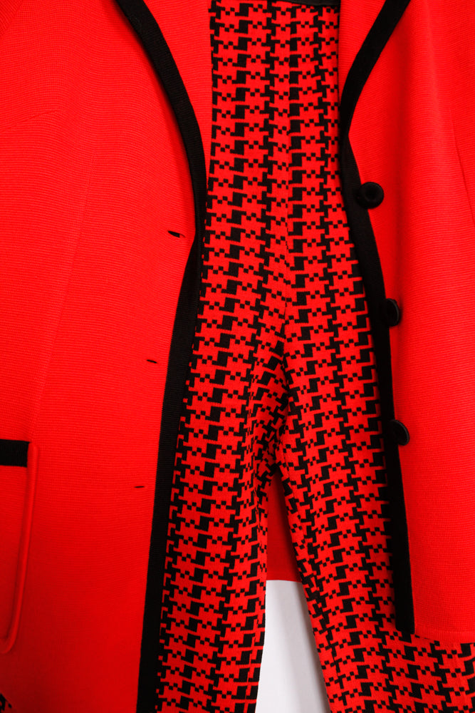 1970s Red Orange & Black Houndstooth Knit Wool Suit - L/XL