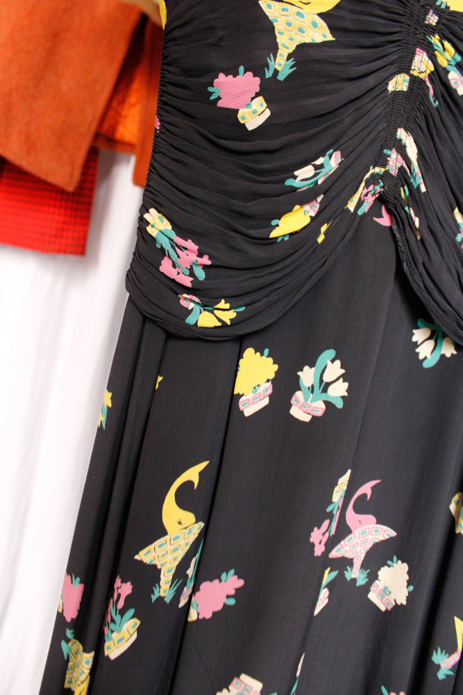1940s Basket of Flowers Silk Dress - Small