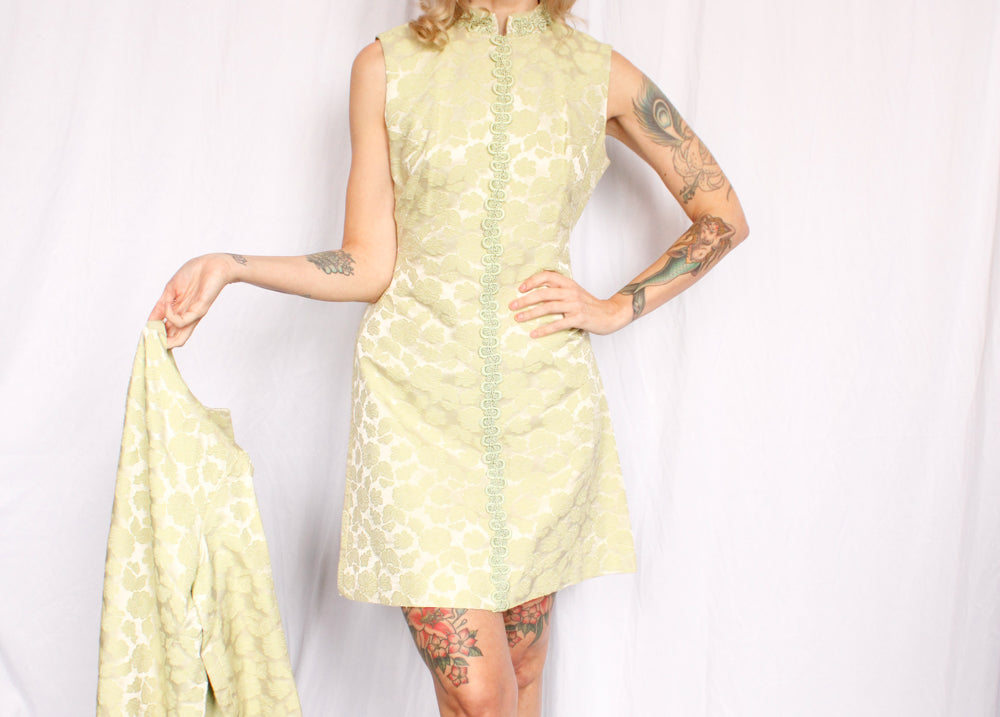 1960s Floral Brocade Pale Green Dress & Jacket - Medium