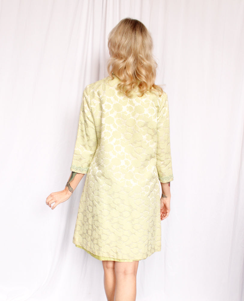 1960s Floral Brocade Pale Green Dress & Jacket - Medium