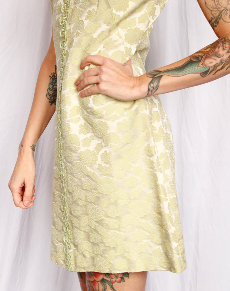 1960s Floral Brocade Pale Green Dress & Jacket - Medium