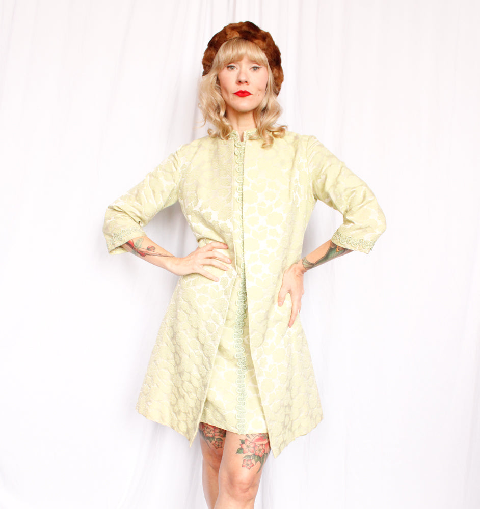 1960s Floral Brocade Pale Green Dress & Jacket - Medium