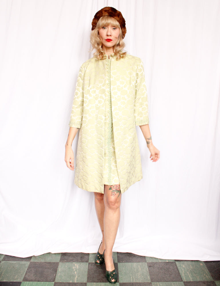 1960s Floral Brocade Pale Green Dress & Jacket - Medium