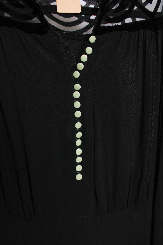 1930s Vamp Burnout Silk Velvet and Rayon Crepe Dress - XXL