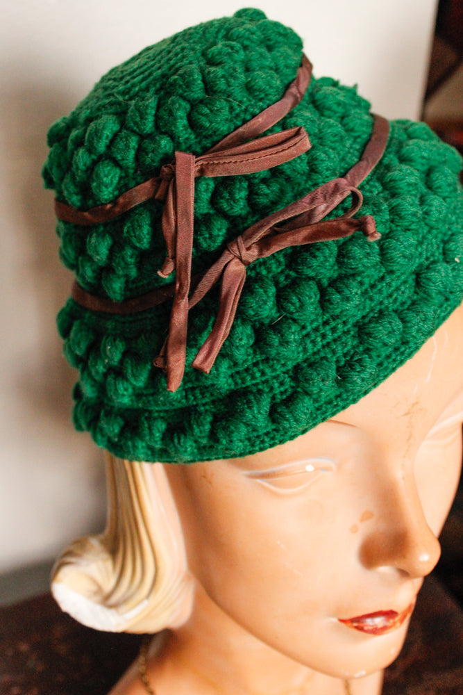 1940s Green Cotton Knit Hat