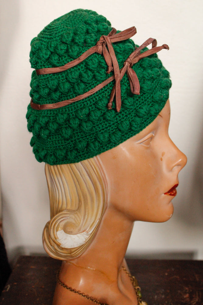 1940s Green Cotton Knit Hat