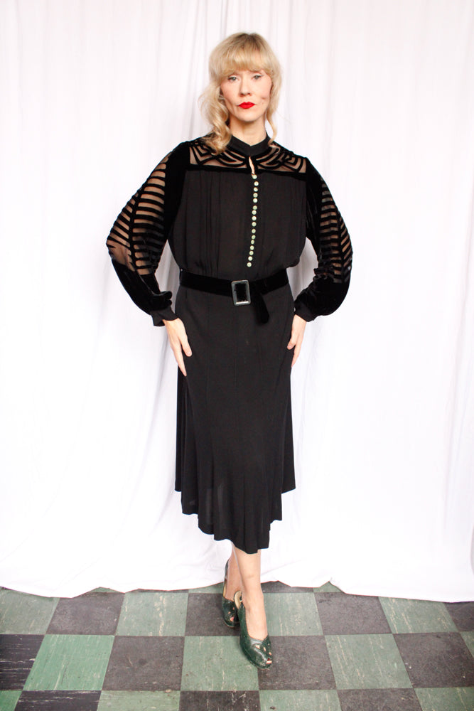 1930s Vamp Burnout Silk Velvet and Rayon Crepe Dress - XXL
