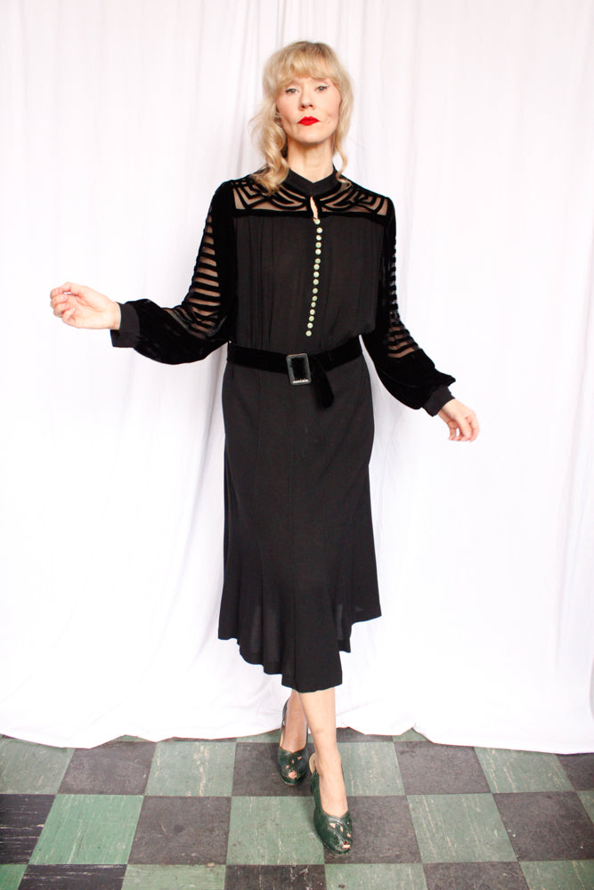 1930s Vamp Burnout Silk Velvet and Rayon Crepe Dress - XXL