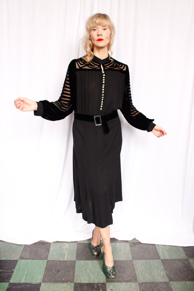 1930s Vamp Burnout Silk Velvet and Rayon Crepe Dress - XXL