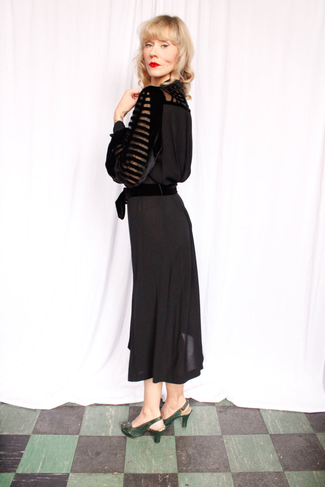 1930s Vamp Burnout Silk Velvet and Rayon Crepe Dress - XXL