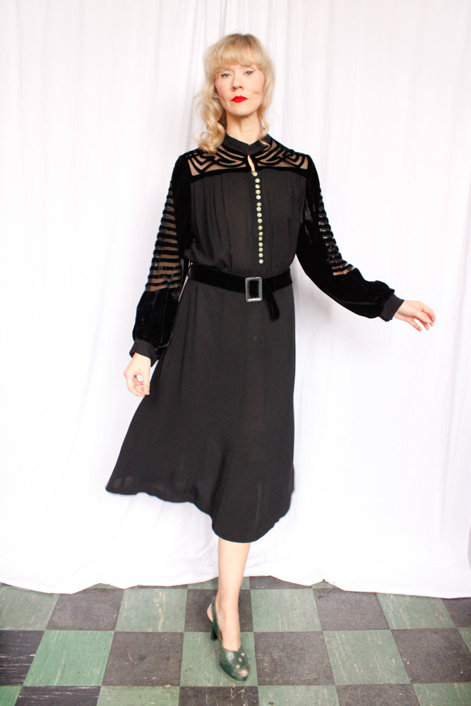1930s Vamp Burnout Silk Velvet and Rayon Crepe Dress - XXL