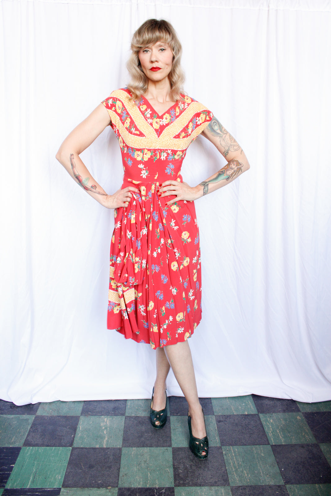 1940s Doris Dodson Rayon Floral Dress with Scarf - Xsmall