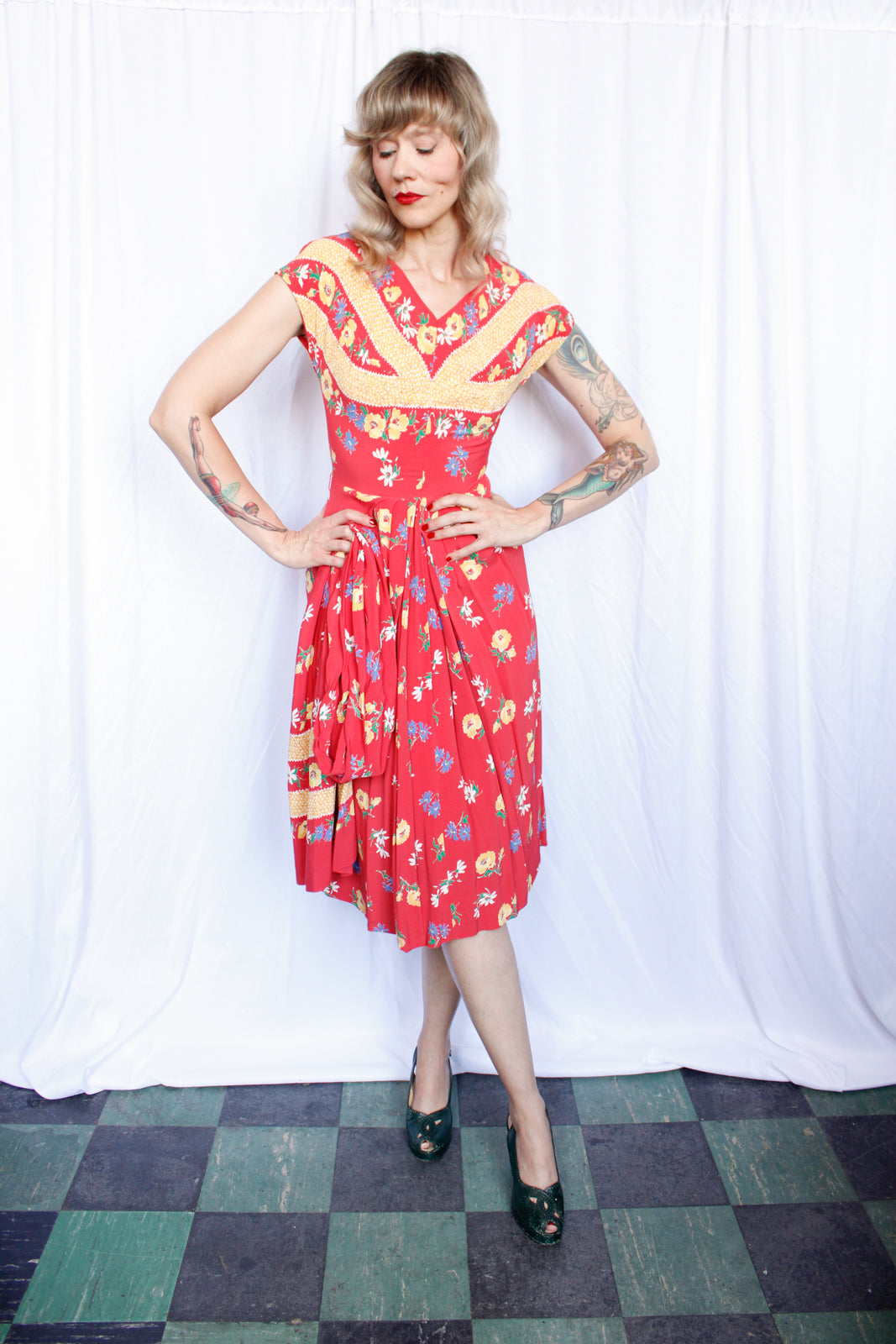 1940s Doris Dodson Rayon Floral Dress with Scarf - Xsmall