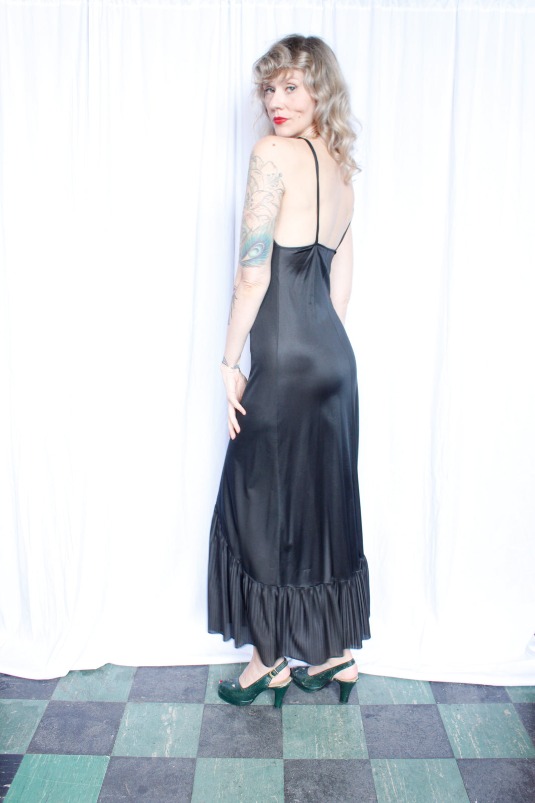 1970s Long Black Nylon Gown - Medium