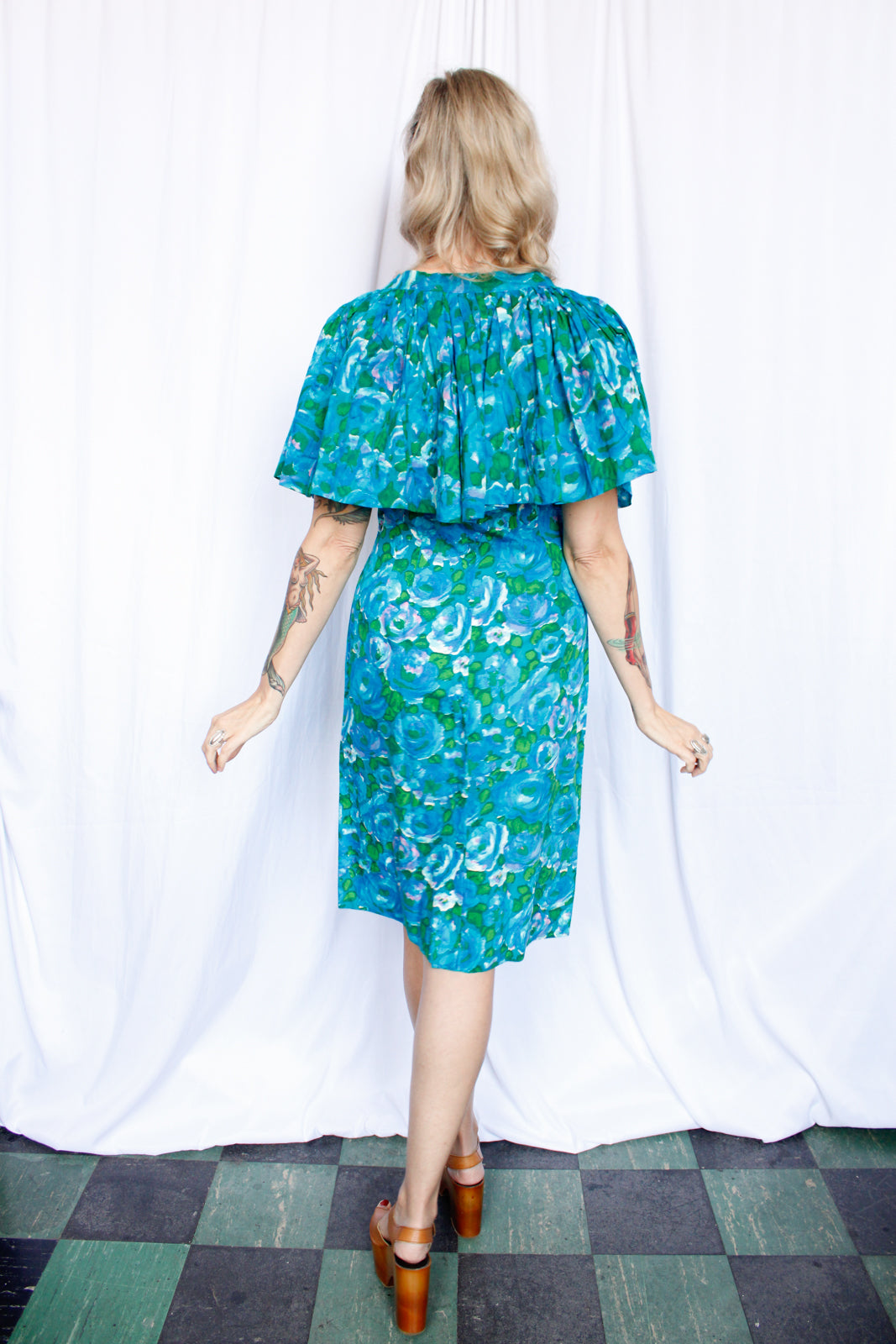 1950s Tailor Made Floral Dress with removable Caplet/Peplum - Medium