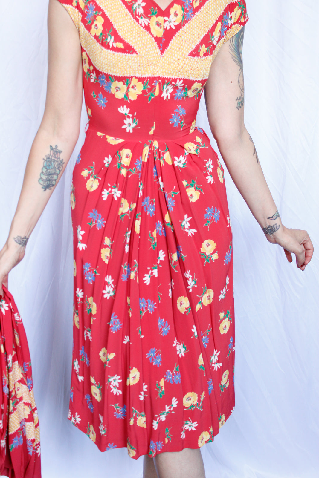 1940s Doris Dodson Rayon Floral Dress with Scarf - Xsmall