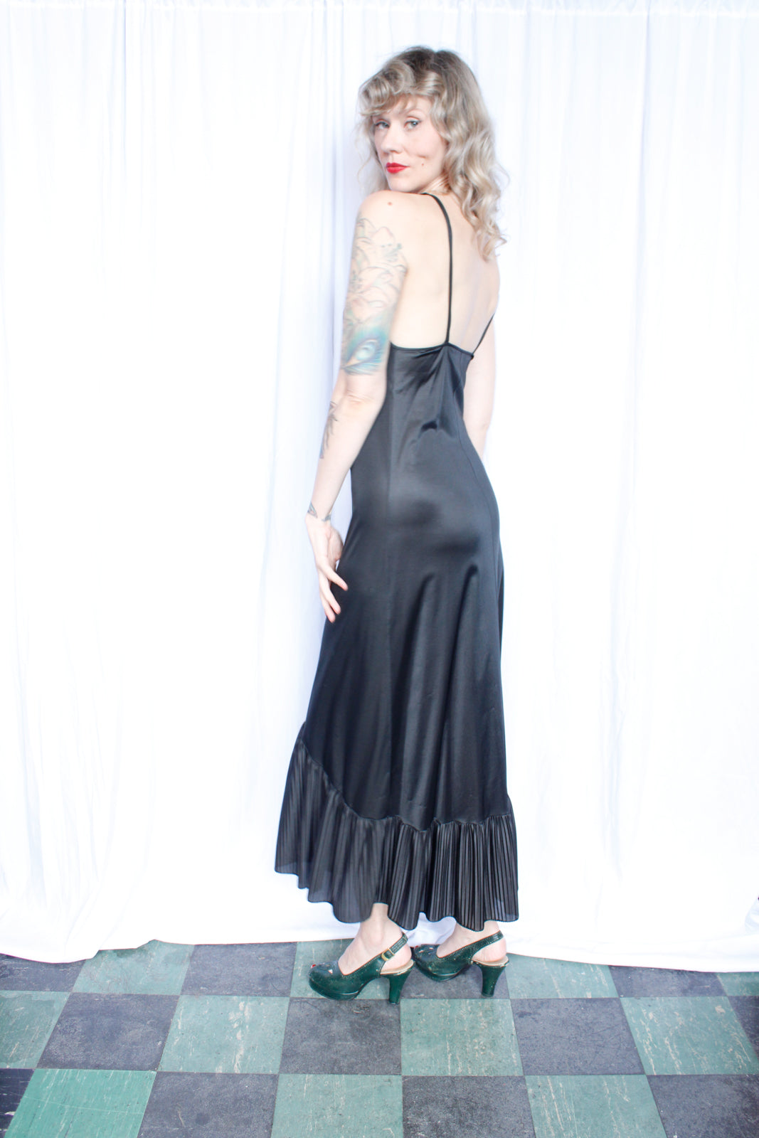 1970s Long Black Nylon Gown - Medium