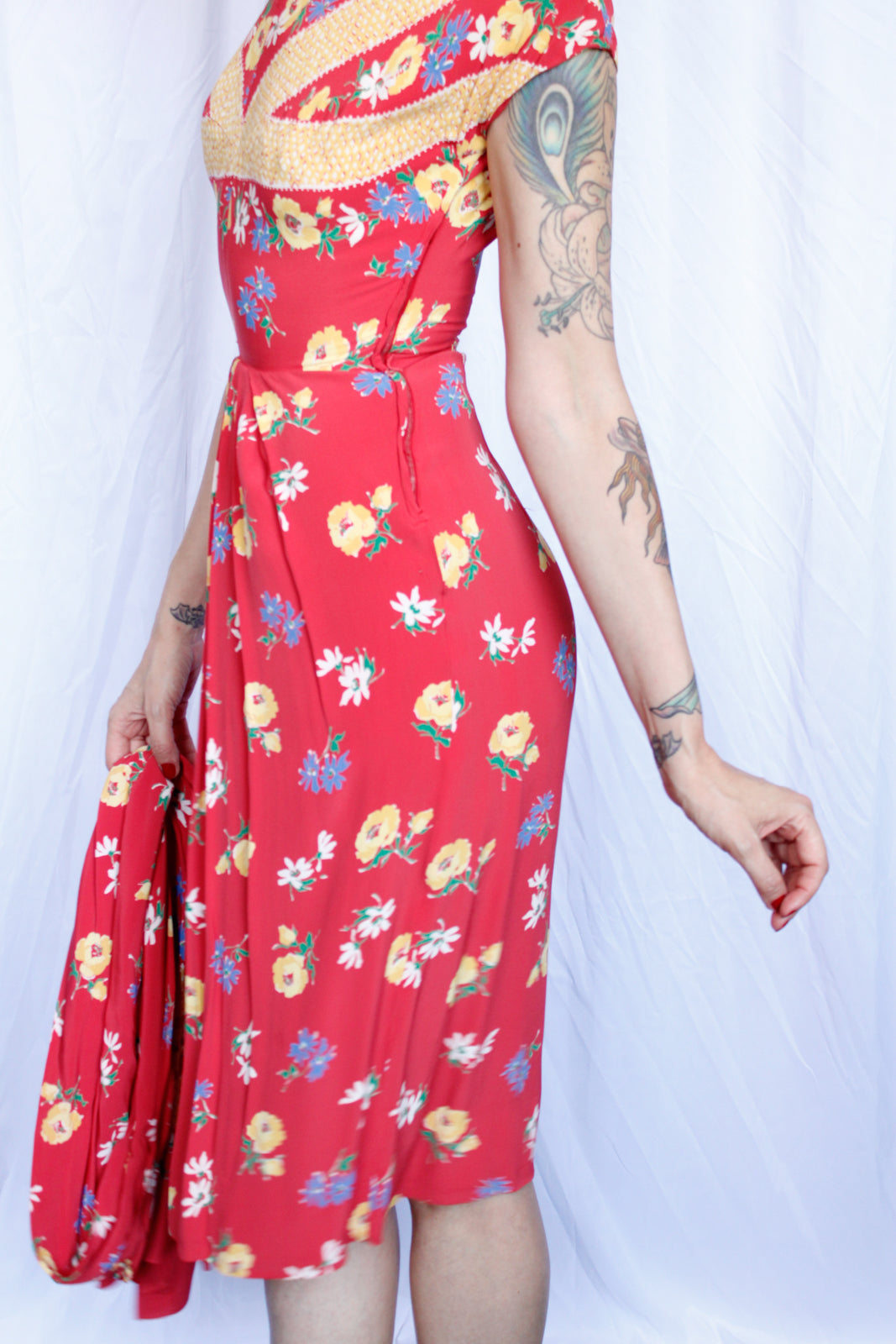 1940s Doris Dodson Rayon Floral Dress with Scarf - Xsmall