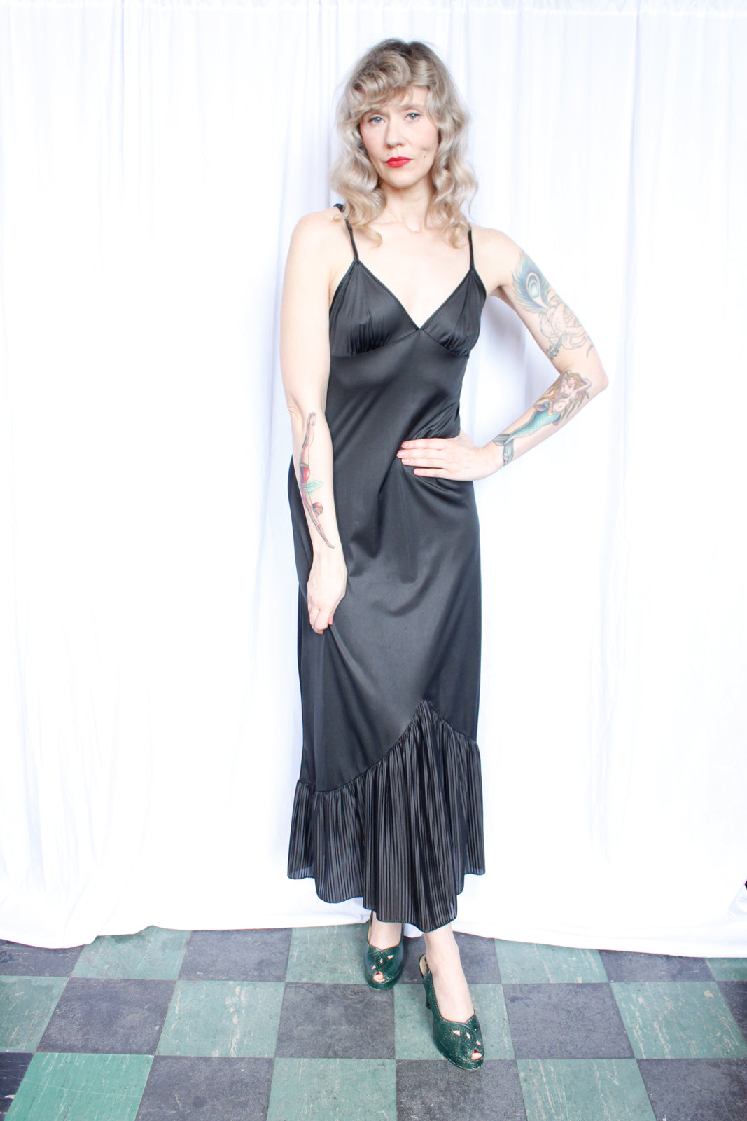 1970s Long Black Nylon Gown - Medium