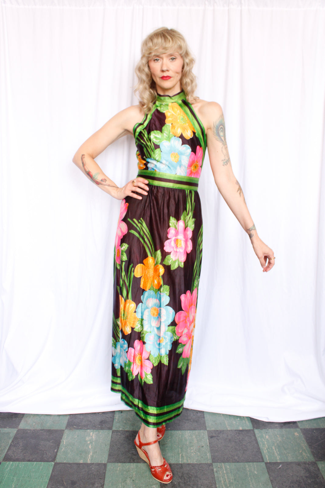 1960s Toni Todd Floral Jersey Maxi Dress - Small