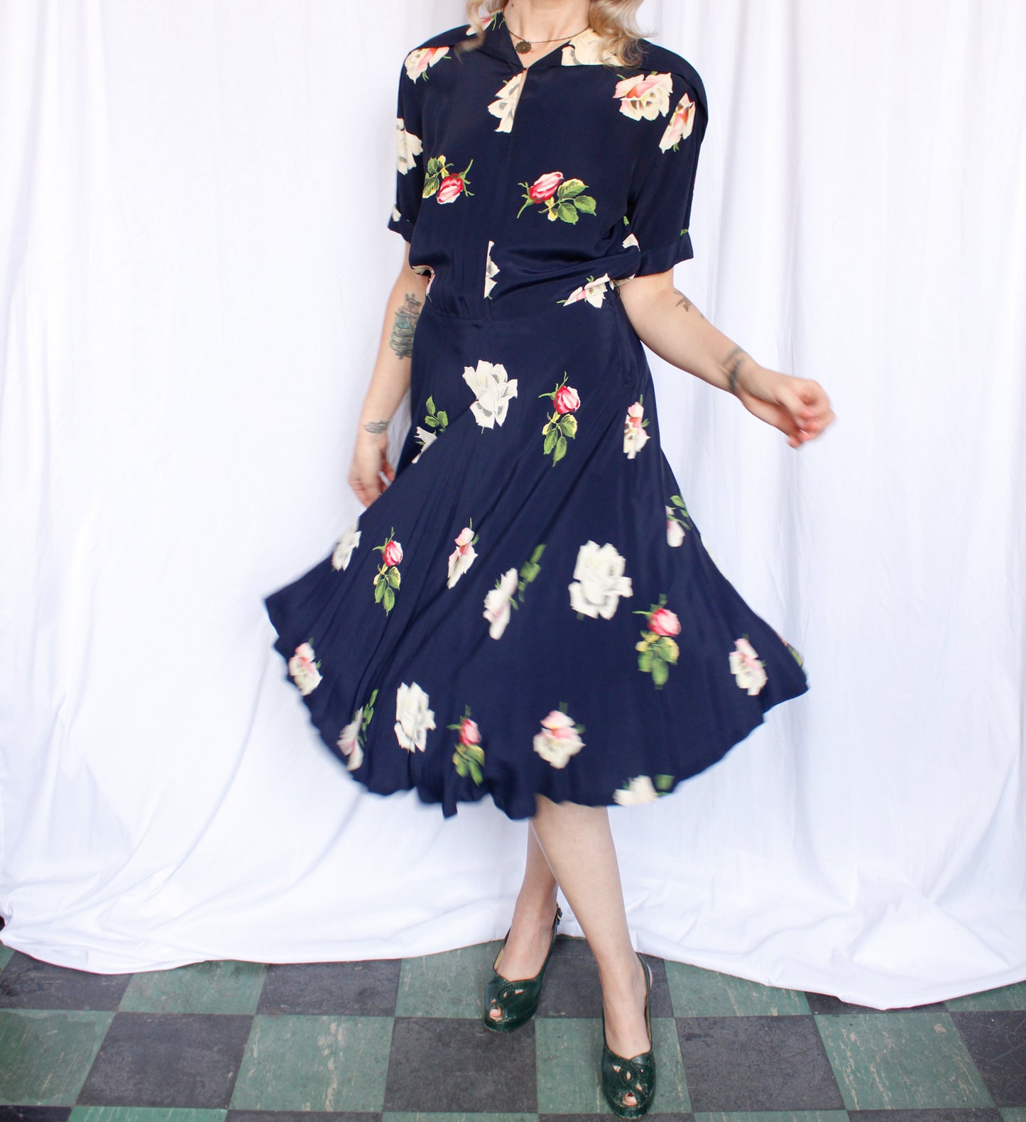 Reserved - 1940s Rose Rayon Swing Dress - Medium