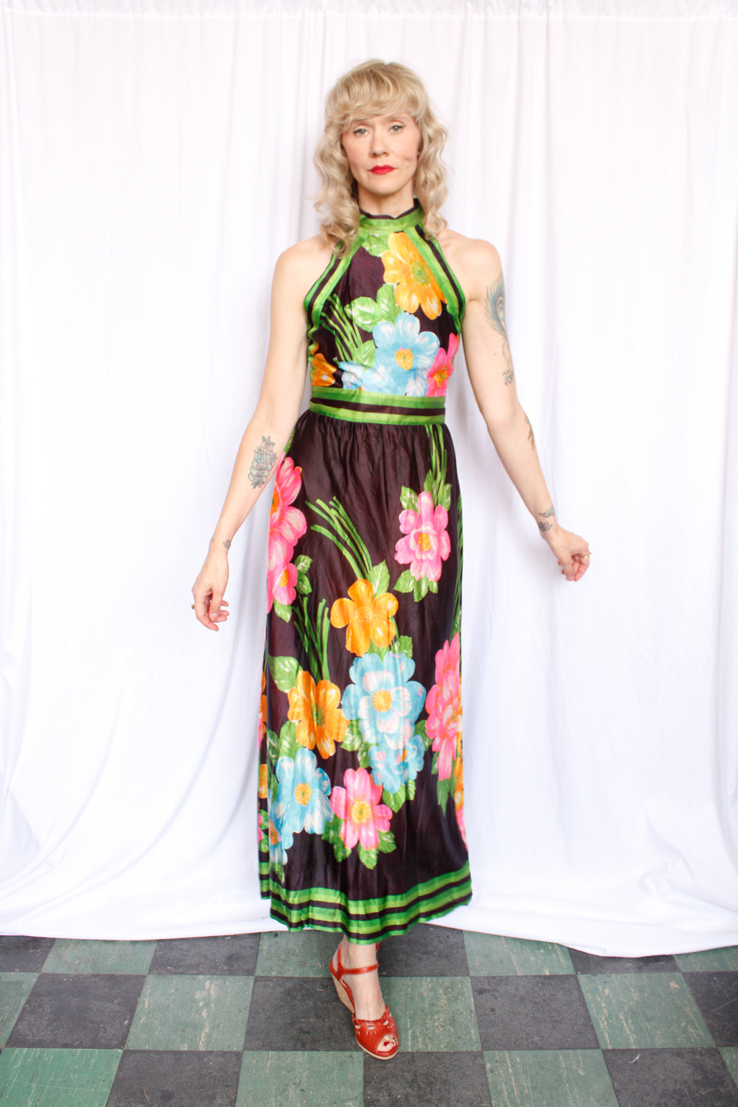 1960s Toni Todd Floral Jersey Maxi Dress - Small