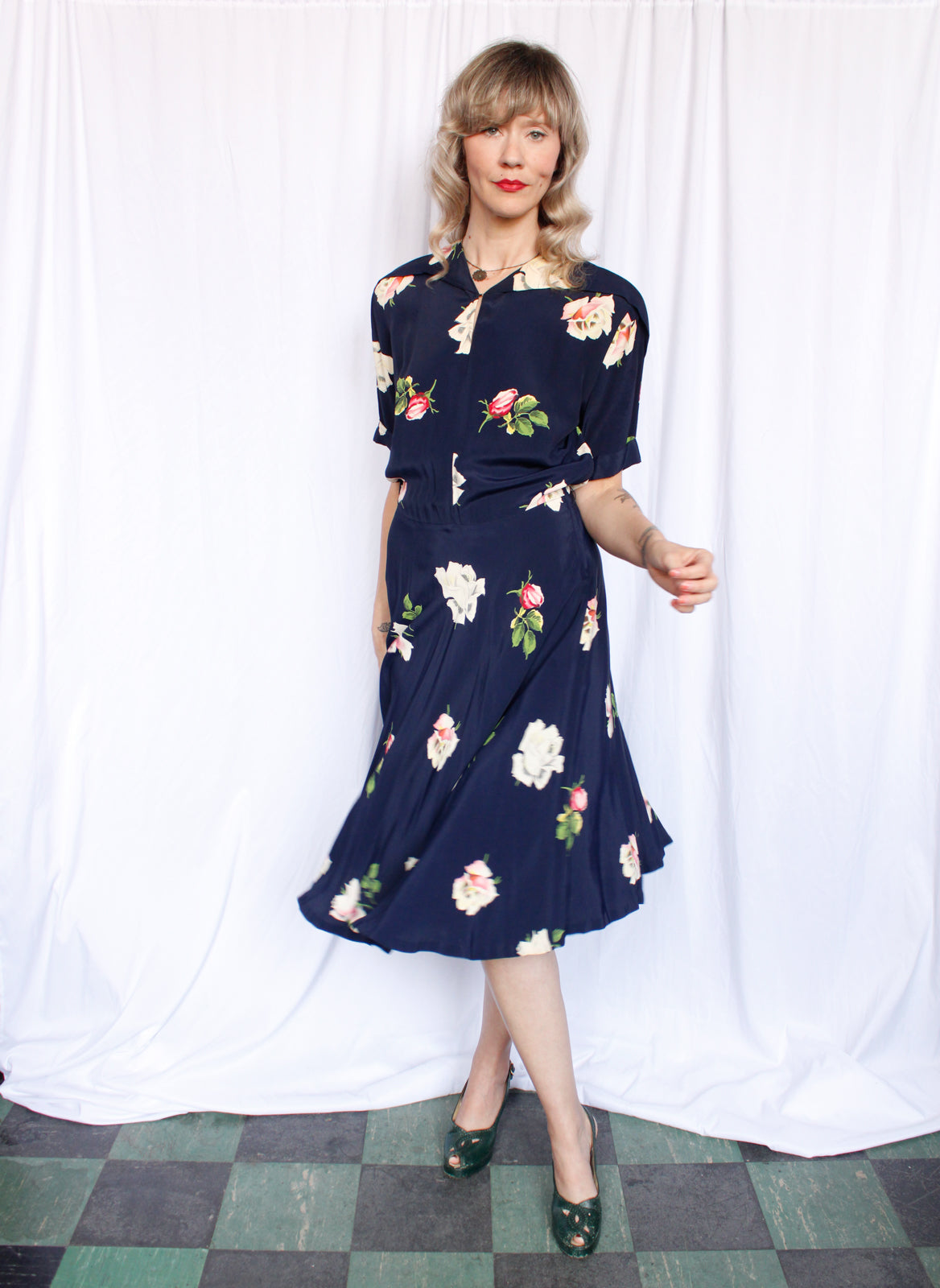 Reserved - 1940s Rose Rayon Swing Dress - Medium
