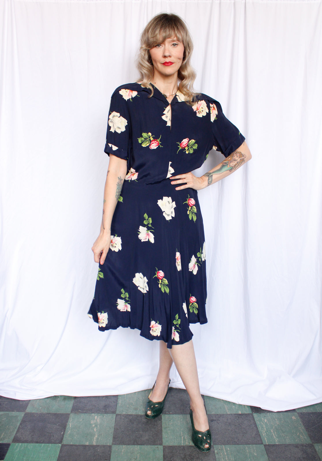 Reserved - 1940s Rose Rayon Swing Dress - Medium