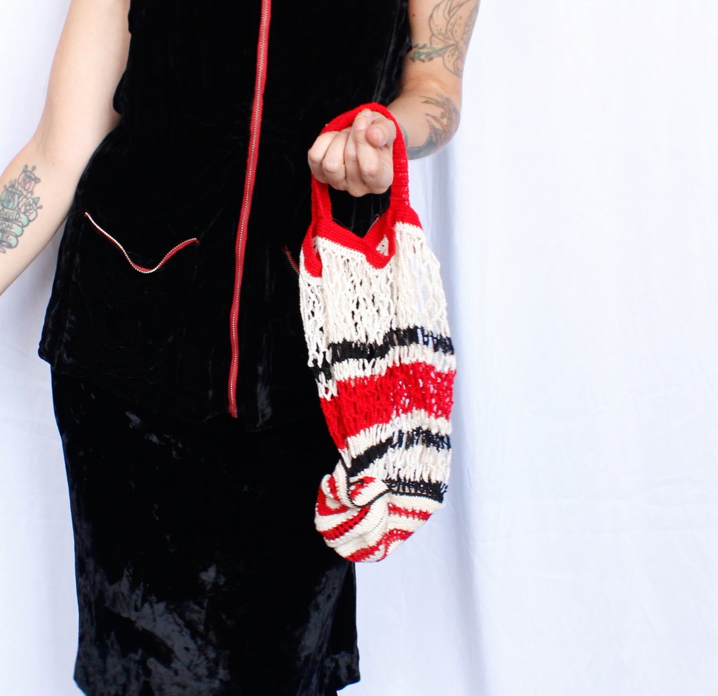 1930s Red White and Black Open Knit Handbag