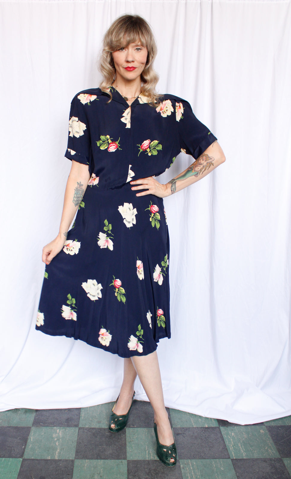 Reserved - 1940s Rose Rayon Swing Dress - Medium
