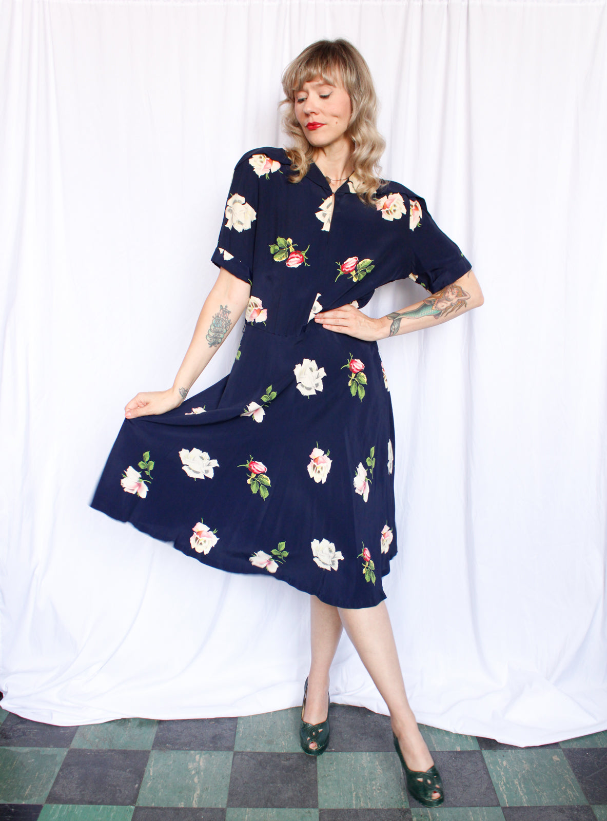 Reserved - 1940s Rose Rayon Swing Dress - Medium