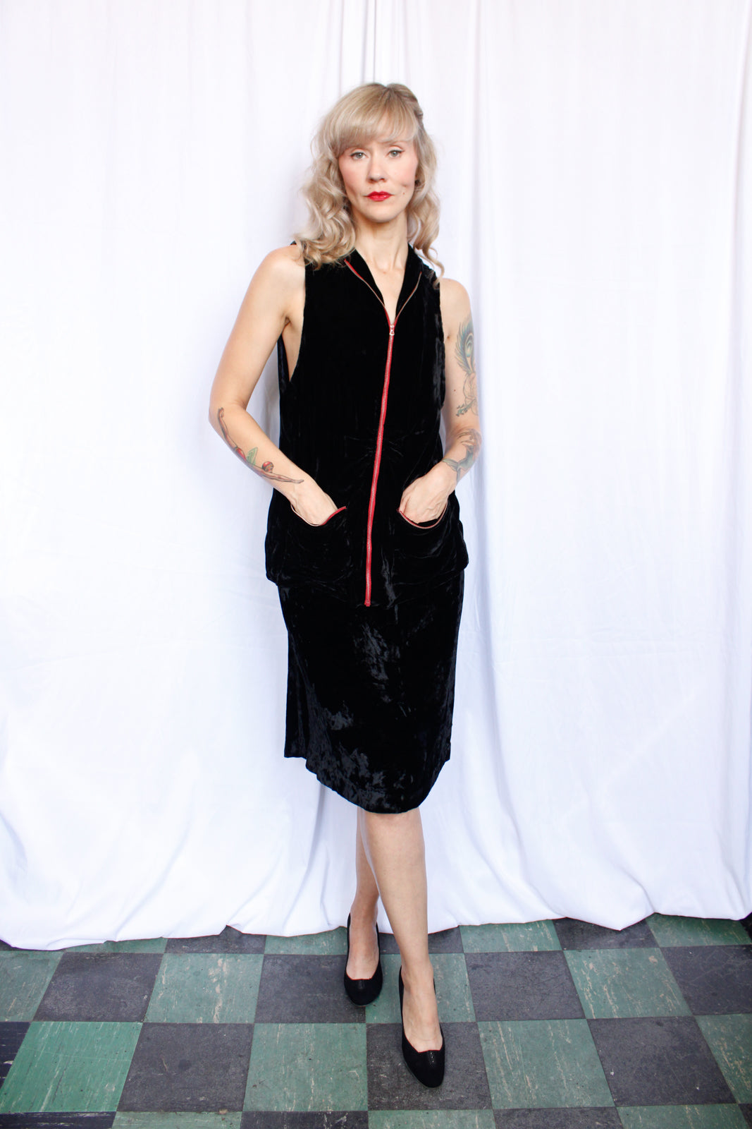 1930s Zippered Velvet Tunic & Skirt - Xsmall