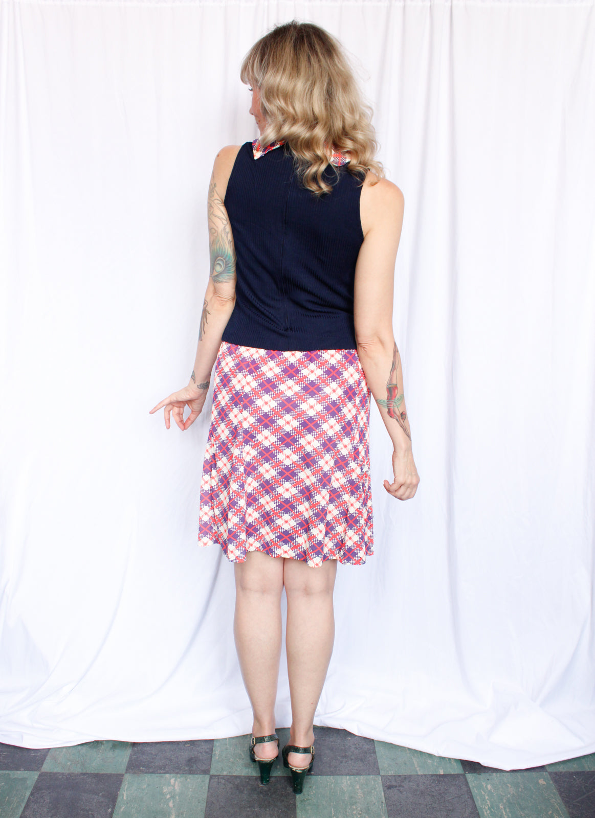 1970s 2pc Blue & Coral Plaid Blouse + Skirt Set - Medium