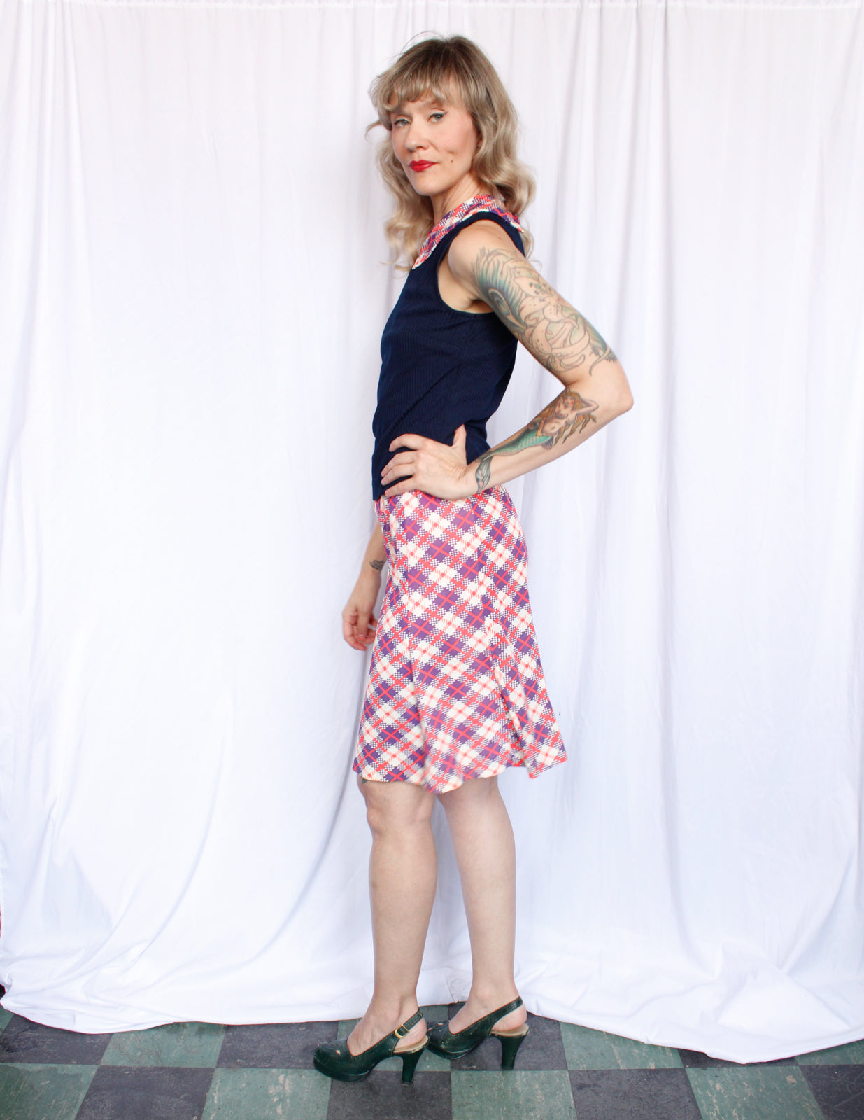 1970s 2pc Blue & Coral Plaid Blouse + Skirt Set - Medium