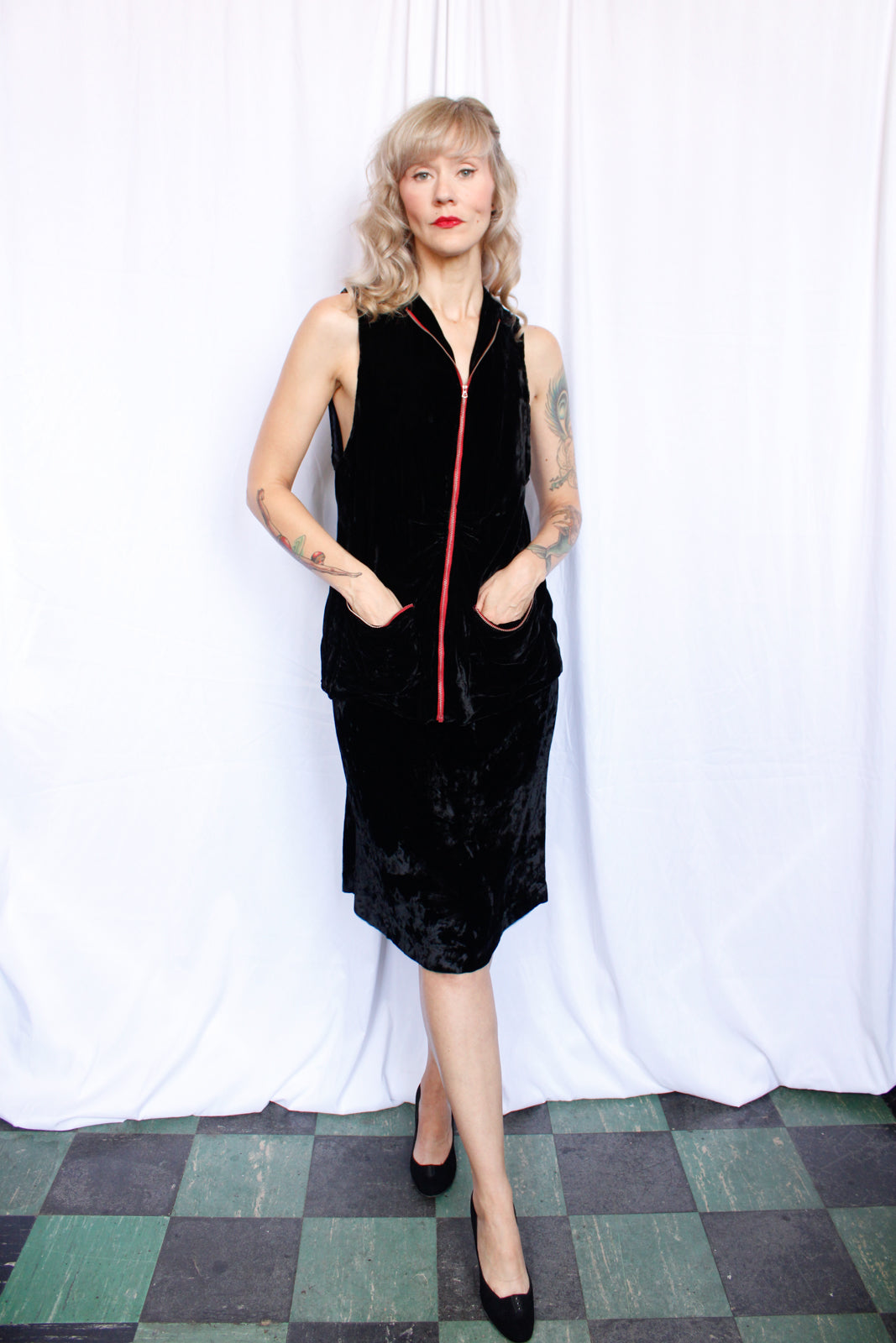 1930s Zippered Velvet Tunic & Skirt - Xsmall