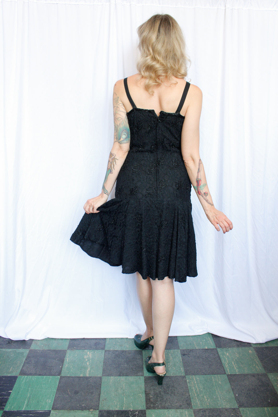1990s Beaded Lace Black Cocktail Dress - Small