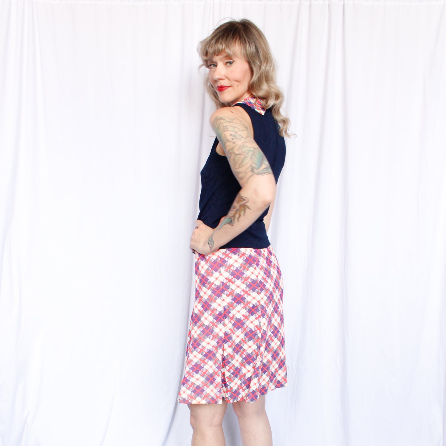1970s 2pc Blue & Coral Plaid Blouse + Skirt Set - Medium
