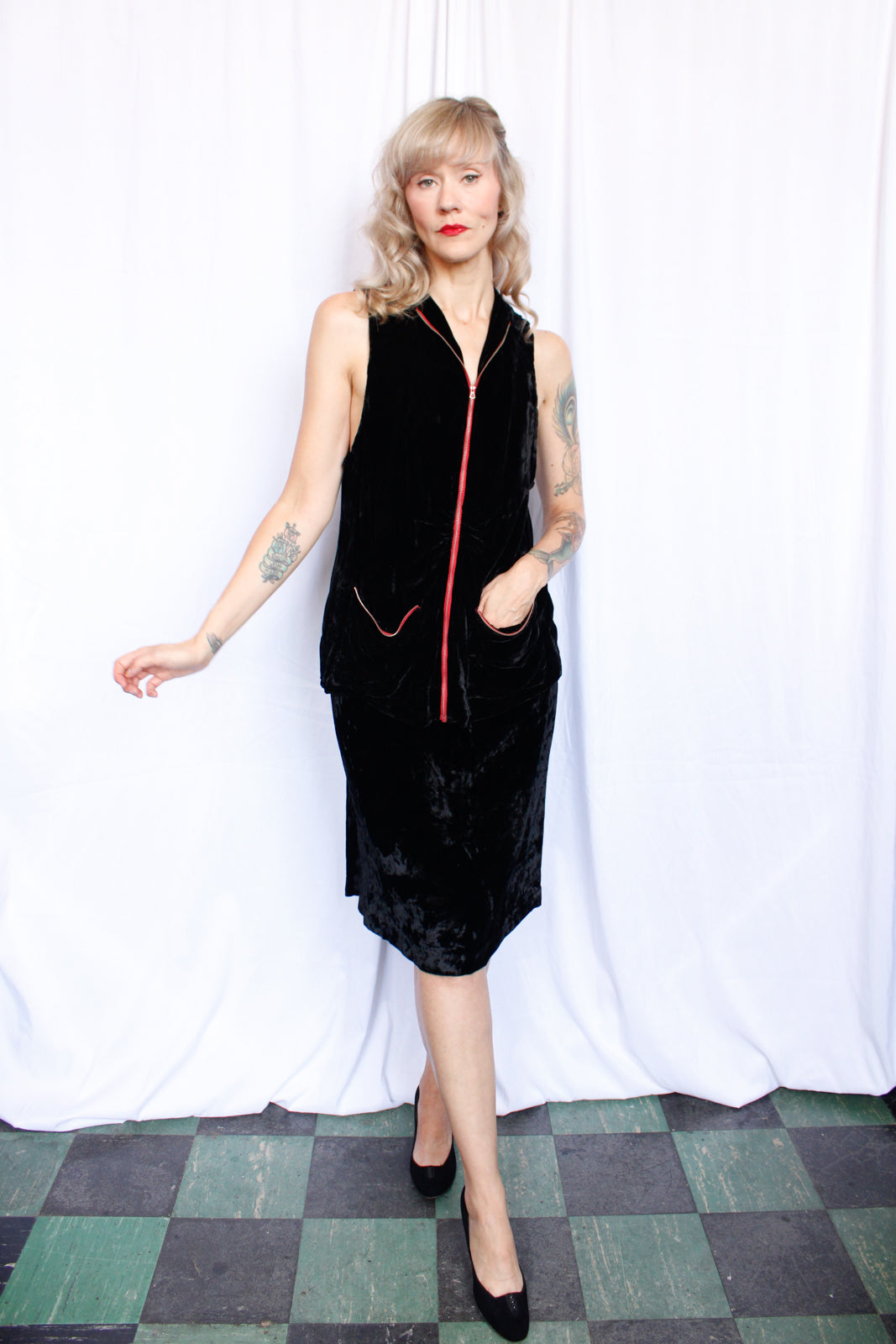 1930s Zippered Velvet Tunic & Skirt - Xsmall