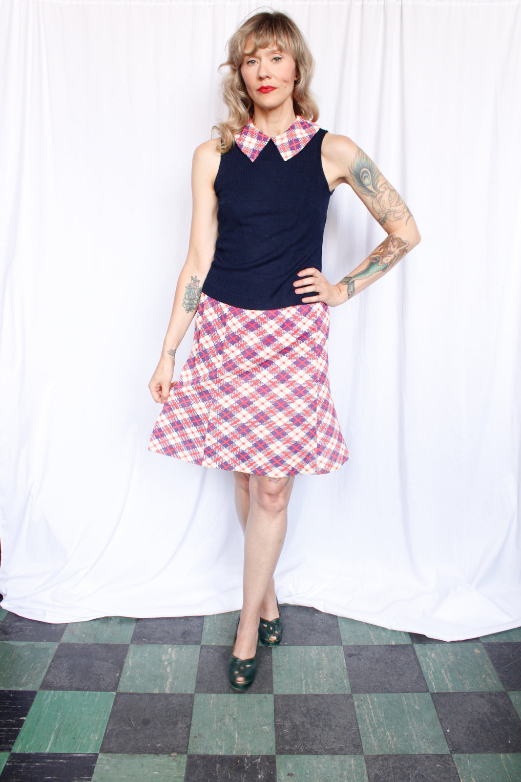 1970s 2pc Blue & Coral Plaid Blouse + Skirt Set - Medium